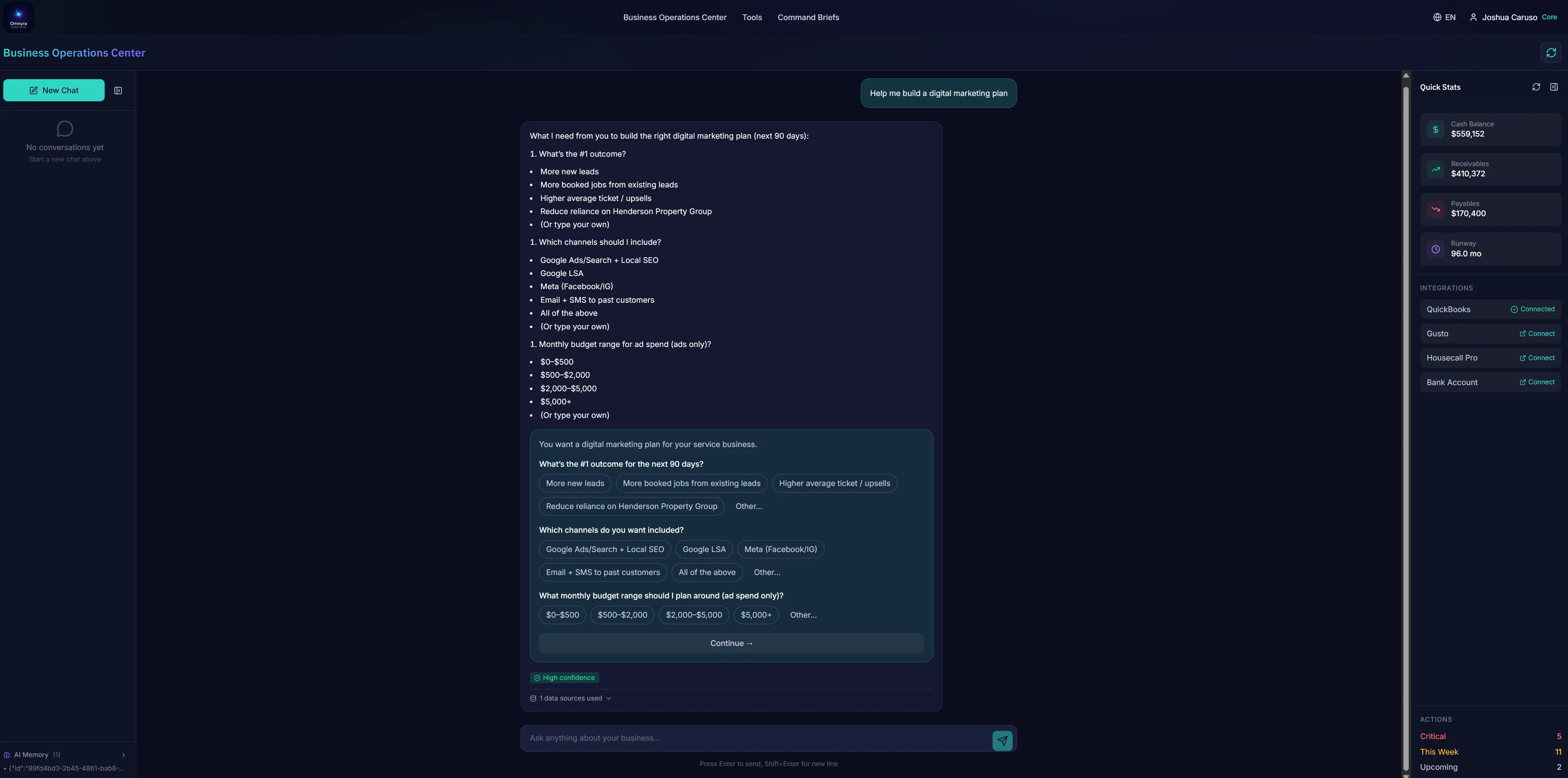 Omnyra AI building a custom digital marketing plan with budget recommendations and channel selection