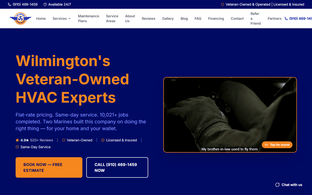 Air Support Heating & Air website, built by Omnyra